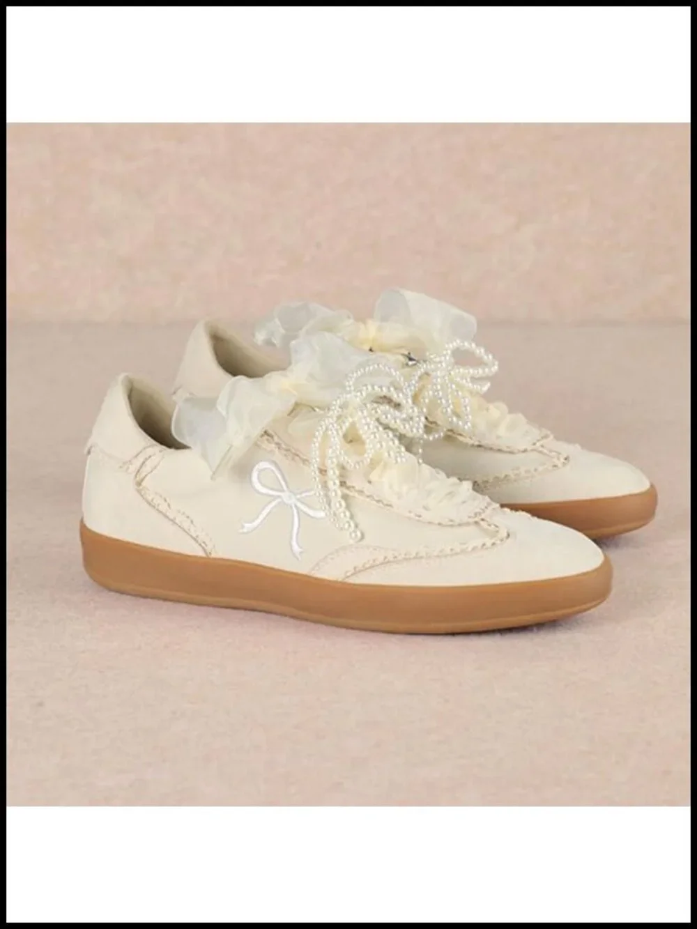 Vegan Leather Pearl Organza Ribbon Vintage Sneakers Low Top Lace-Up Fashion